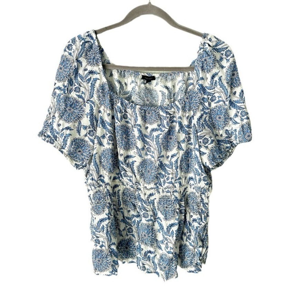 Talbots Blue White Chinoiserie Botanical Coastal Resortwear Top Size XL